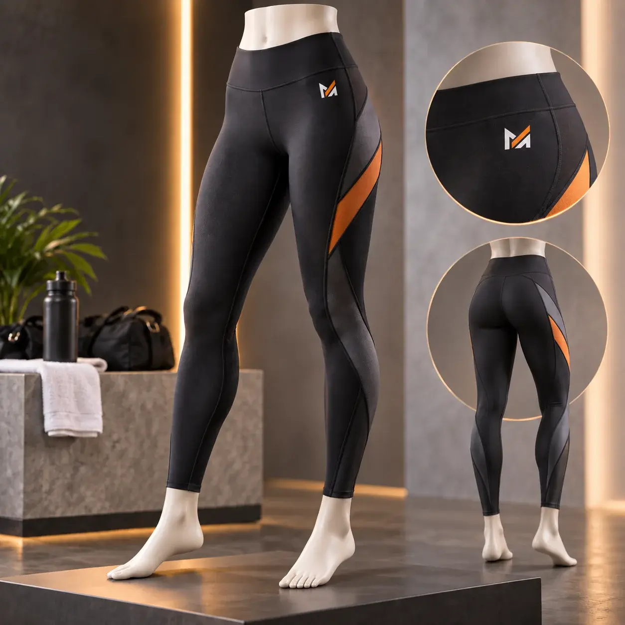 Black custom high-waisted leggings with orange and gray side panels displayed on a female mannequin, featuring the Mega Apparel logo in a modern sportswear studio.
